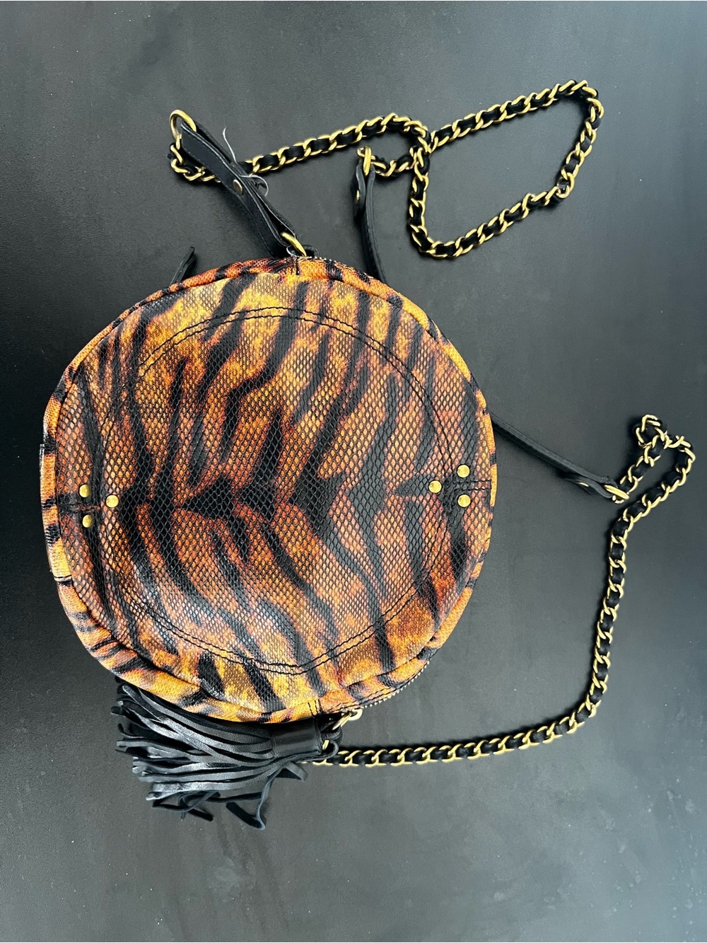 Jerome Dreyfuss Remi round Tiger-Print Crossbody Bag with Chain Strap